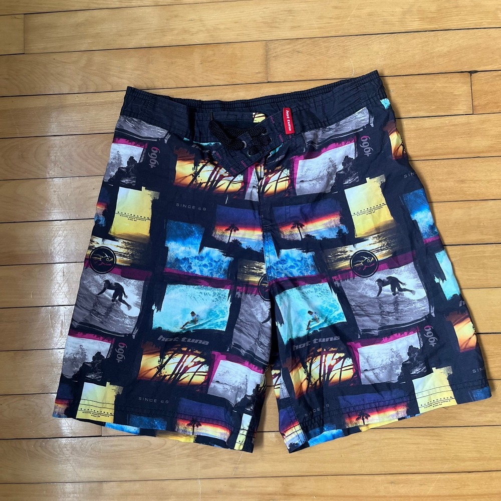 Hot Tuna Mens Small Board Shorts Photo Print Surfing Sunset Swim Trunks Black S